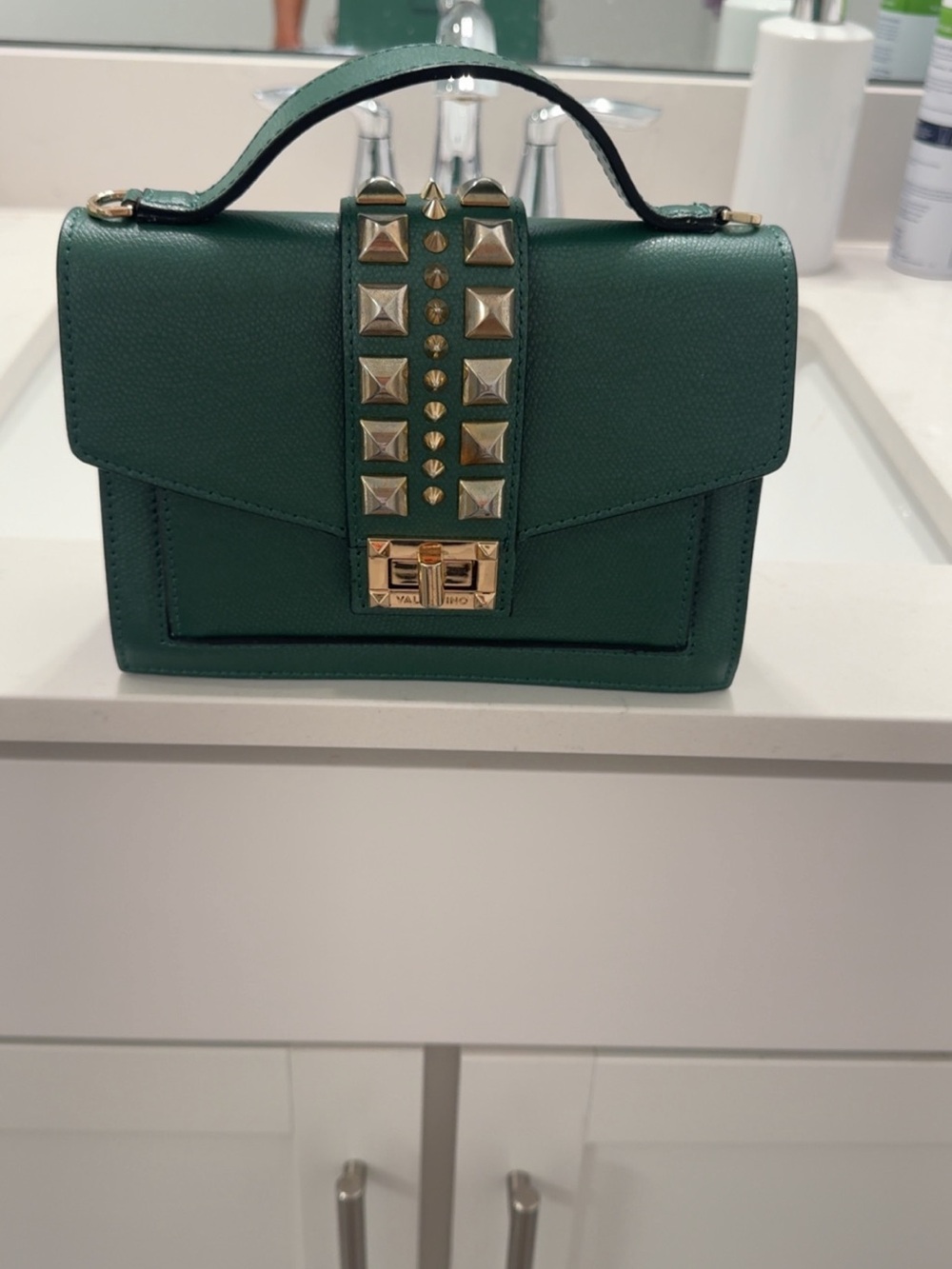 Valentino Green Mini Top Handle Bag with Gold Studs